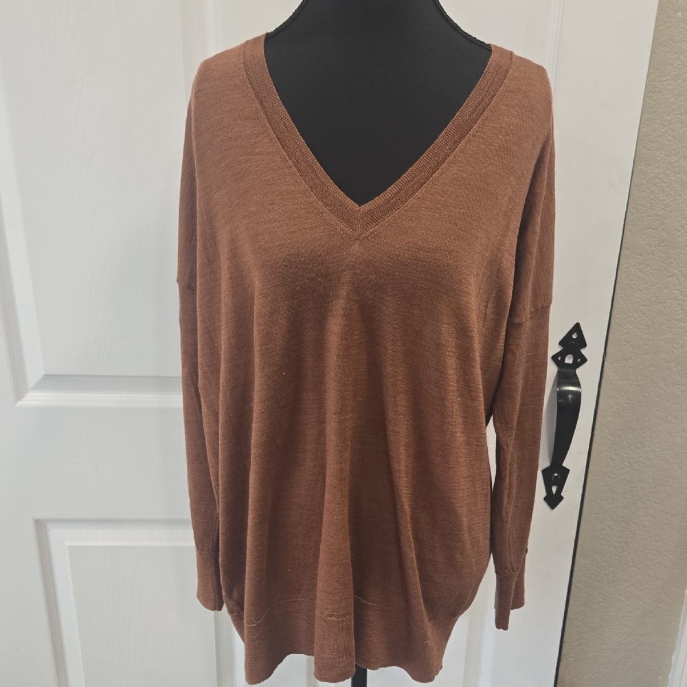 Zara Brown V-Neck Lightweight Knit Sweater Long Sleeve Relaxed Fit Large